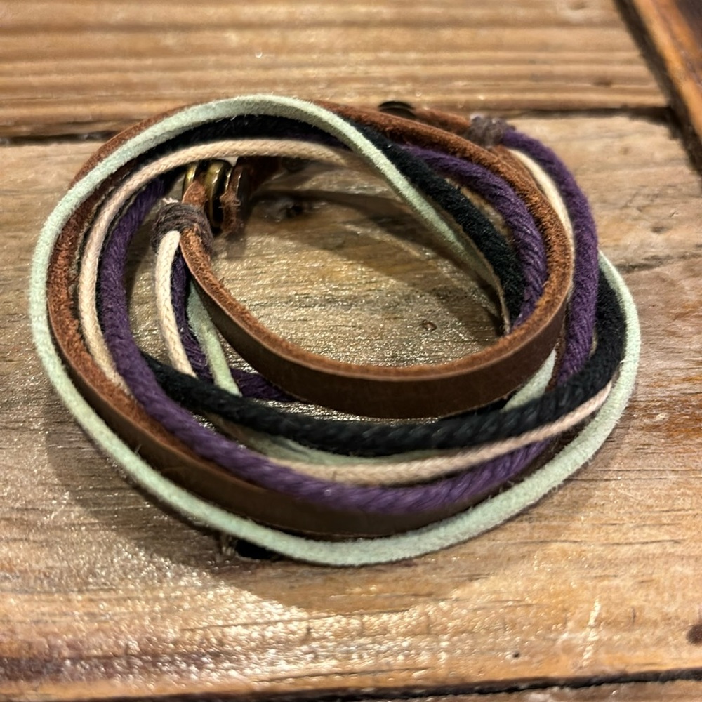 Brown leather with multicolor rope adjustable wrap bracelet